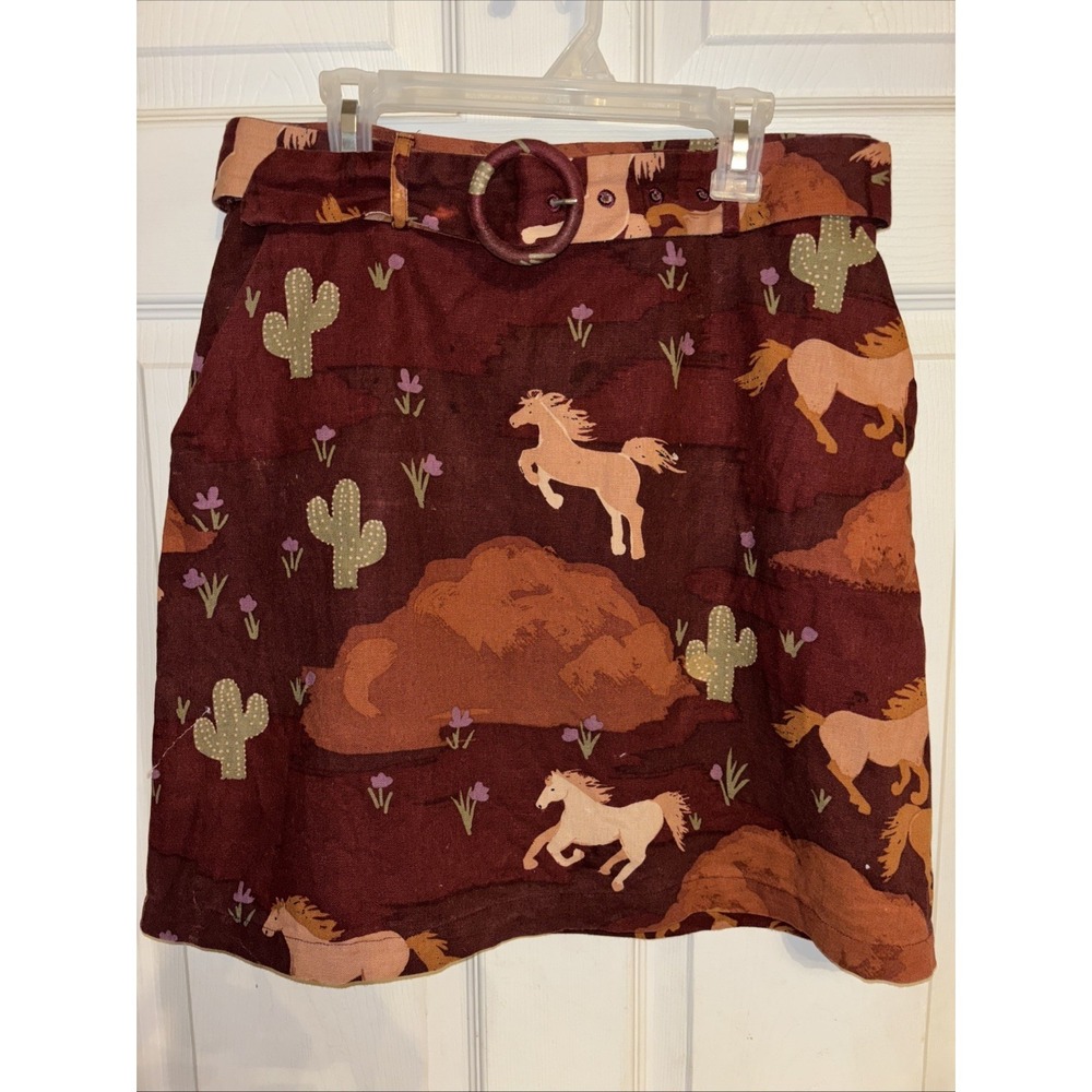 Princess Highway Sz 10 Skirt Cotton Lined Desert Horse Cactus Belted Rust Brown